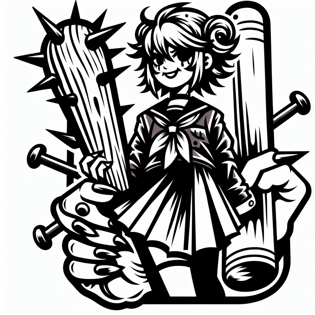 Traditional "delinquent anime girl holding a bat with nails in it" Tattoo Design