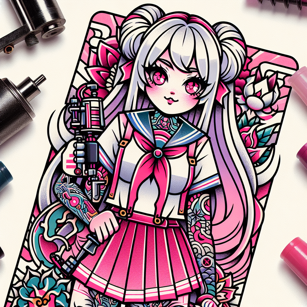 Traditional "anime girl with white and pink hair with pink eyes wearing a japanese school uniform holding a tattoo machine" Tattoo Design