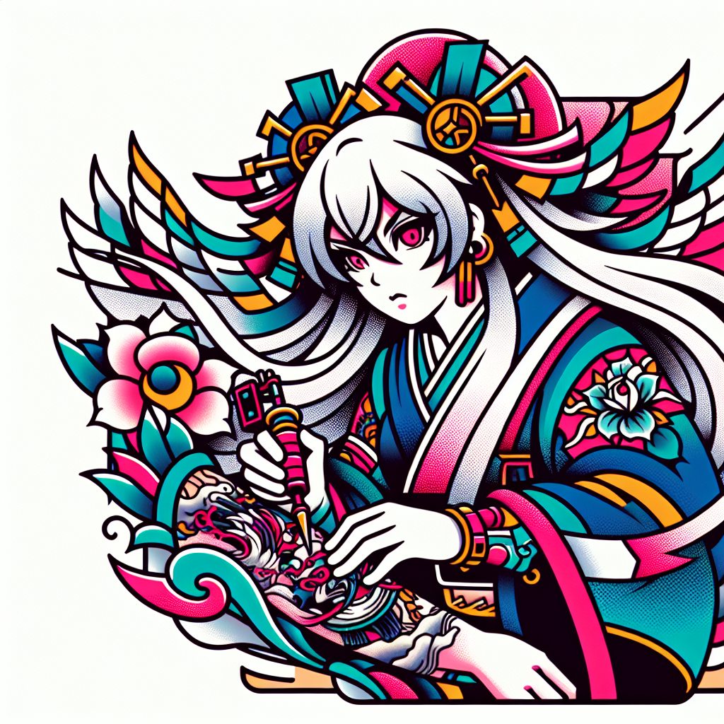 Traditional "anime girl with white and pink hair with pink eyes tattooing someone" Tattoo Design