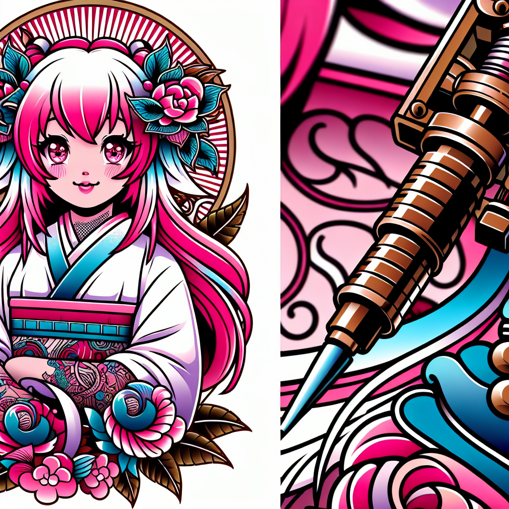 Traditional "anime girl with pink and white hair and pink eyes holding a tattoo machine gun" Tattoo Design