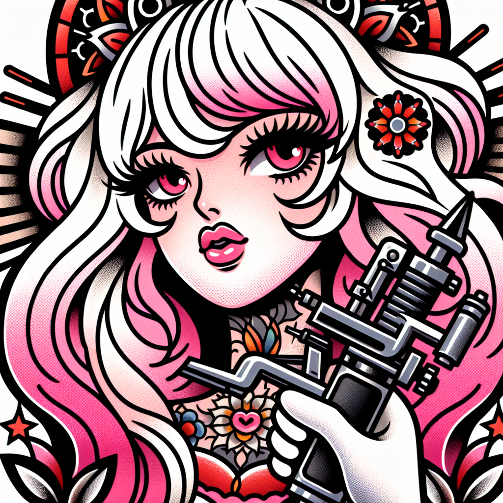 Traditional "anime girl with medium white and pink hair, pink eyes, long eyelashes, plump lips, holding a tattoo machine gun" Tattoo Design