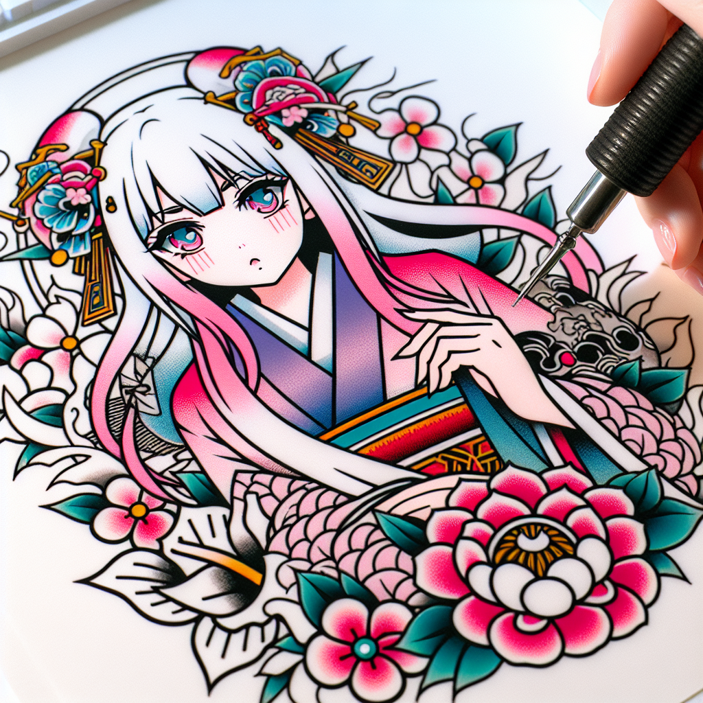 Traditional "anime girl with white and pink hair tattooing" Tattoo Design