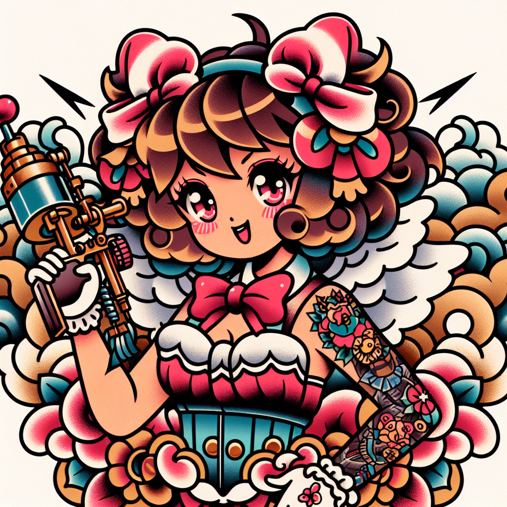 Traditional "anime girl with cloud hair with bows in her hair holding a tattoo machine gun" Tattoo Design