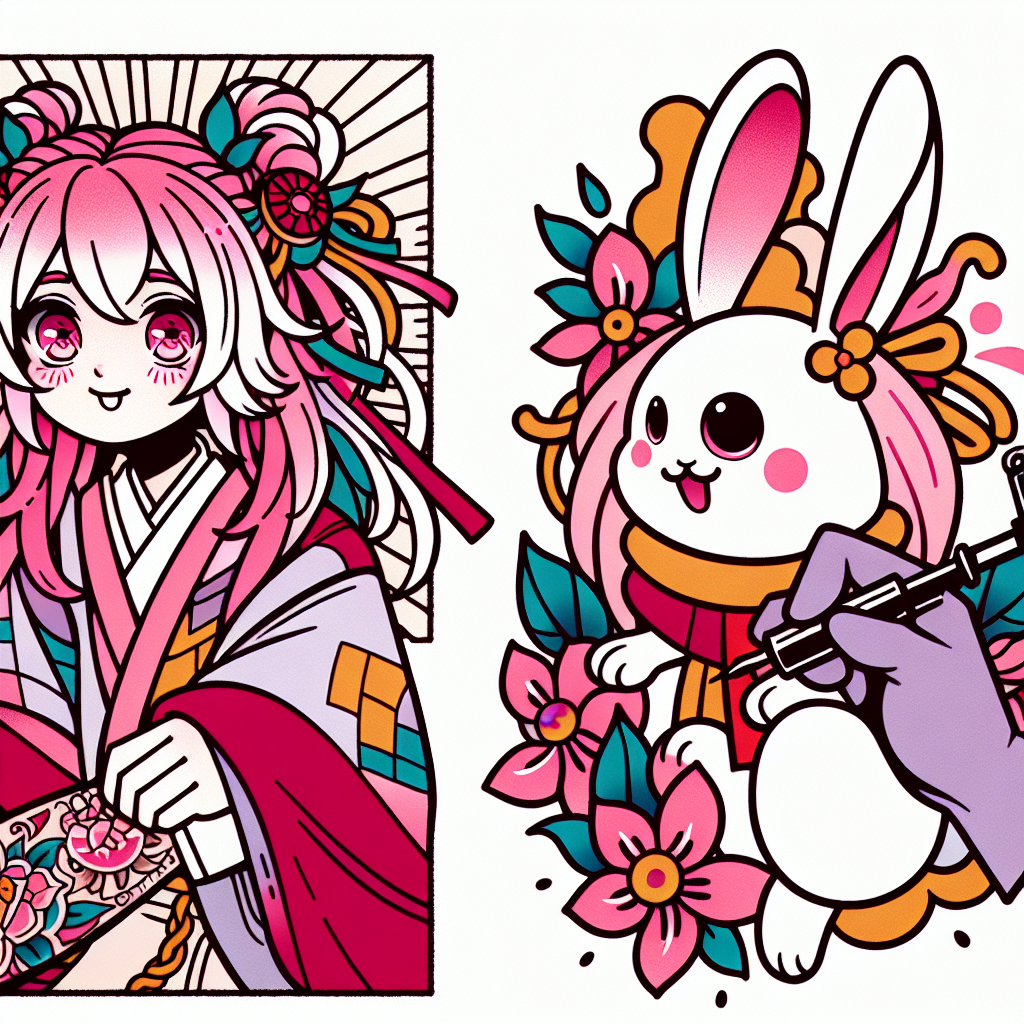 Traditional "anime girl with pink and white hair with pink eyes tattooing a bunny" Tattoo Design