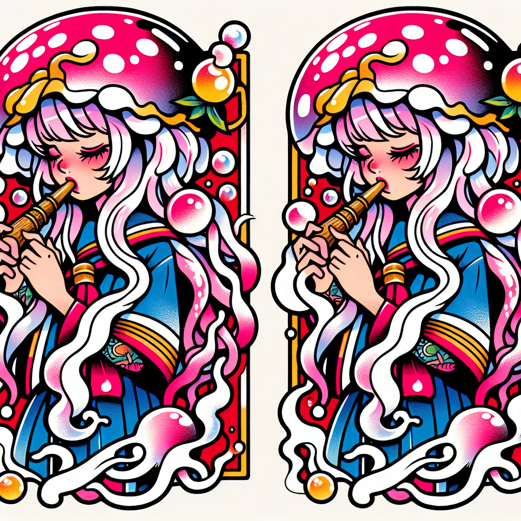 Traditional "jellyfish anime girl with white and pink hair blowing bubbles from a pipe" Tattoo Design