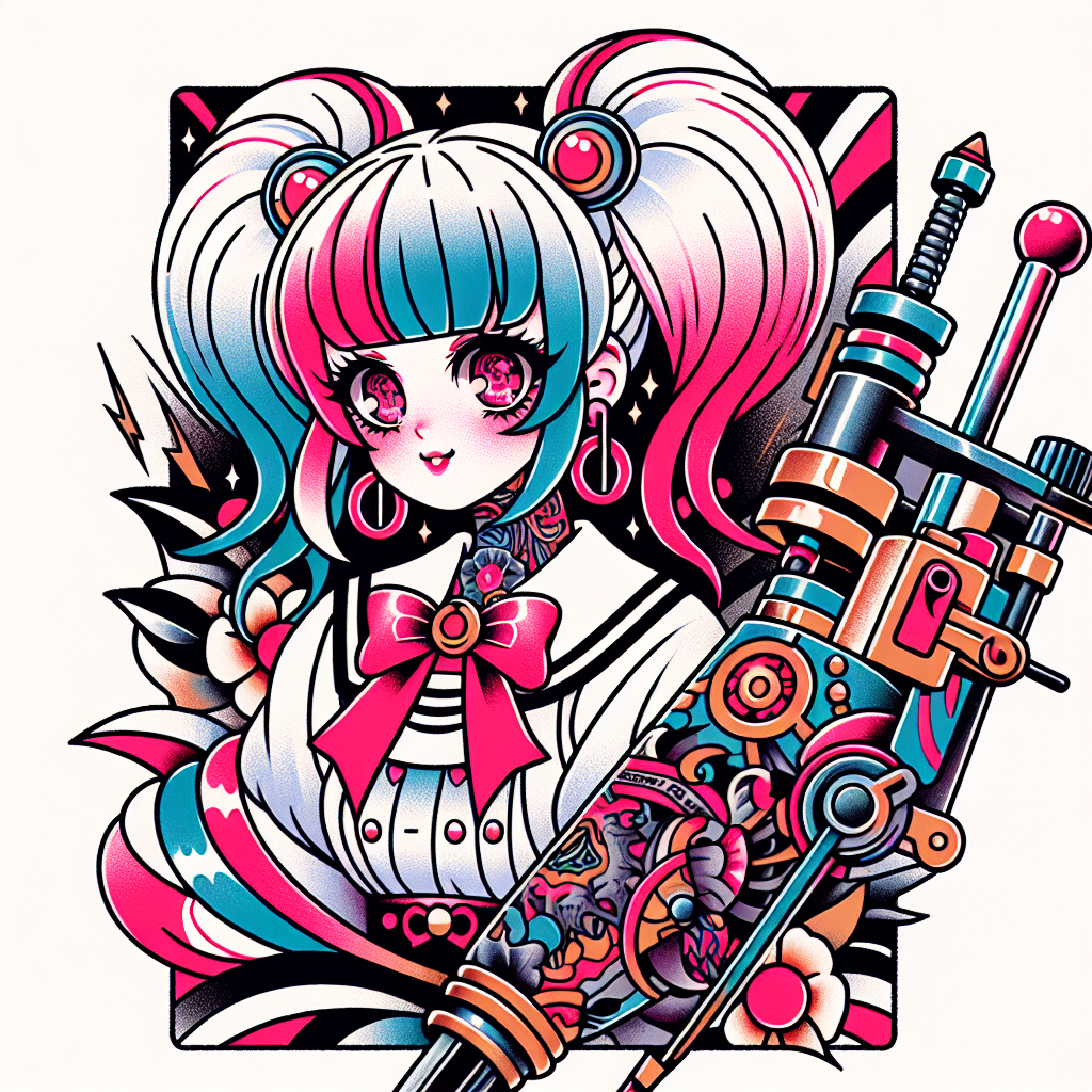 Traditional "anime girl with medium white and pink pigtails with pink eyes holding a tattoo machine gun" Tattoo Design