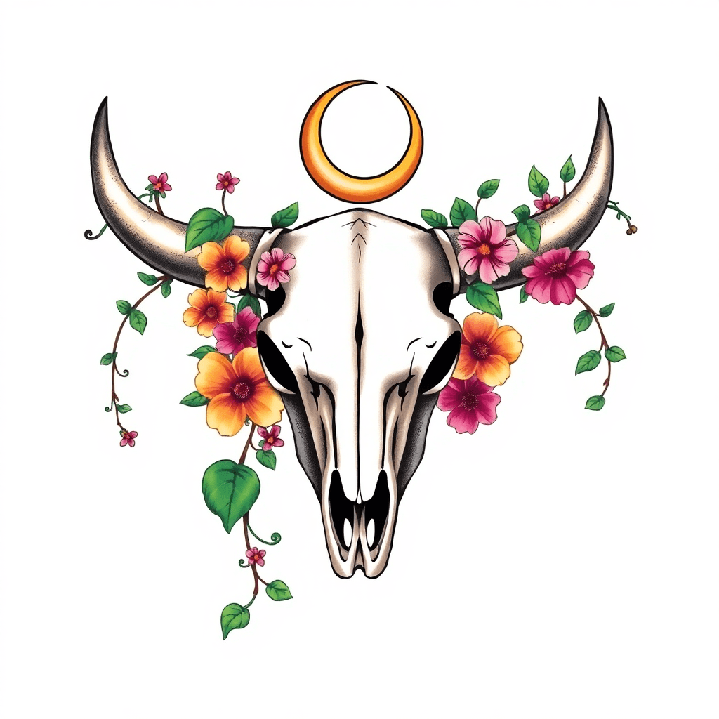 Vines And Flowers Going Through A Bull Skull With A Crescent Moon On Top
