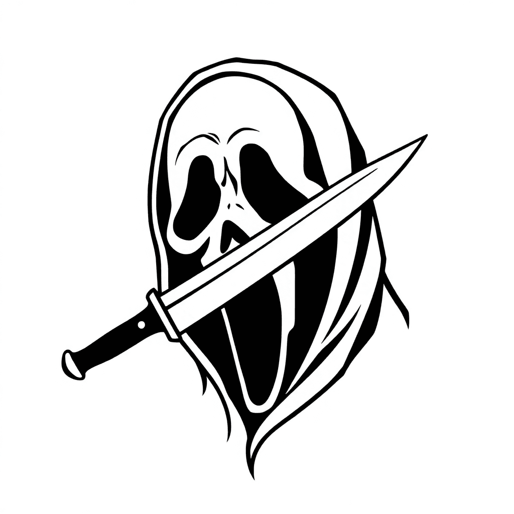 Single line "Scream face with knife" Tattoo Design