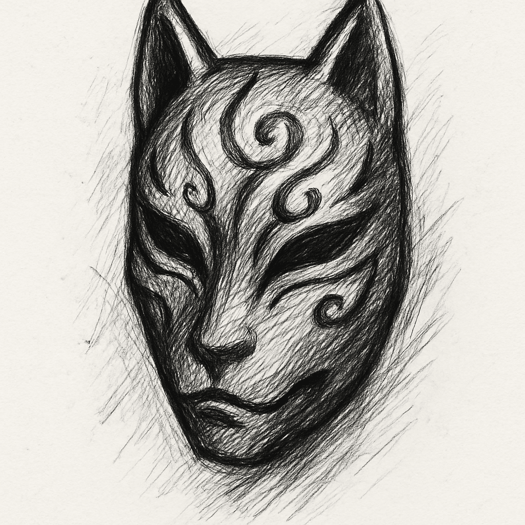 A Design Featuring A Dark, Stylized Fox (kitsune) Mask, With Intricate Patterns And Subtle Shading That Create A Solid Cover. This Size Allows For Good Detail While Ensuring Complete Coverage.