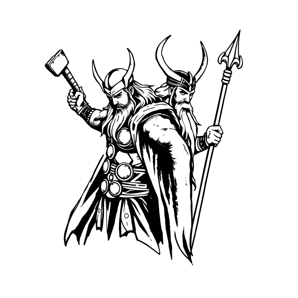 Thor And Odin. Thor Is To Wield A Hammer And Odin A Spear