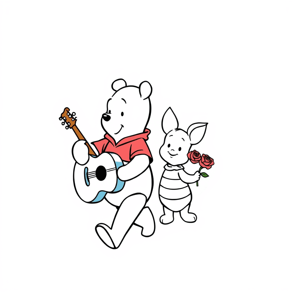 Winnie The Pooh Holding A Guitar And Piglet Holding Roses Walking Away From The Scene Together