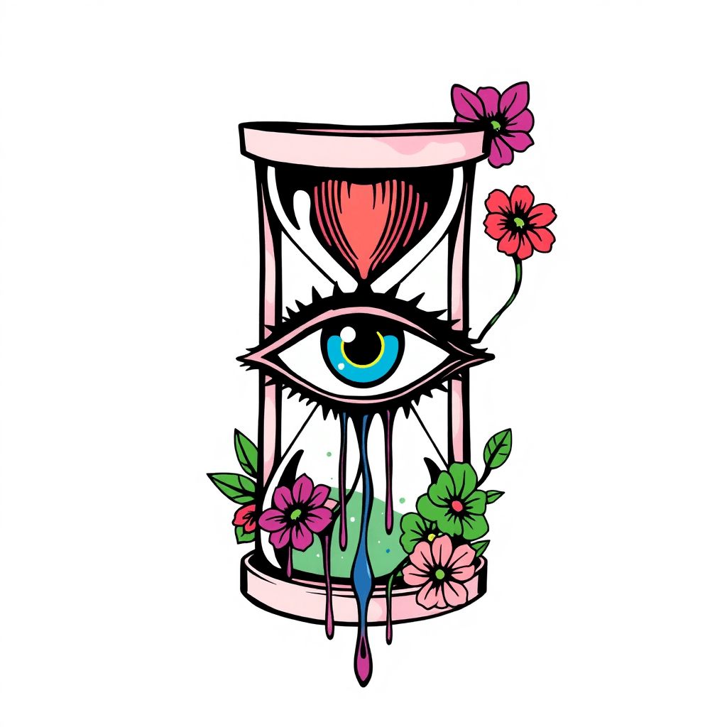 Stencil Of A Trippy Drippy All Seeing Eye Inside Of An Hourglass With A Warped Vortex Numerical Code Designs. Sticker Style. Feminine Floral Lillie Foliage