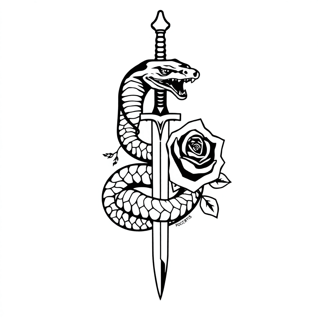 Snake With Sword And Rose