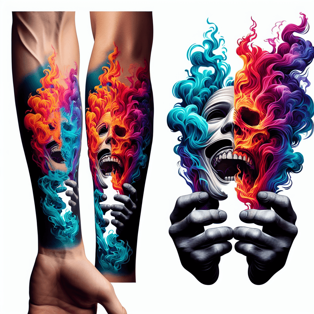 Back Of Forearm Tattoo Of Smoke Turning Into A Theater Mask
