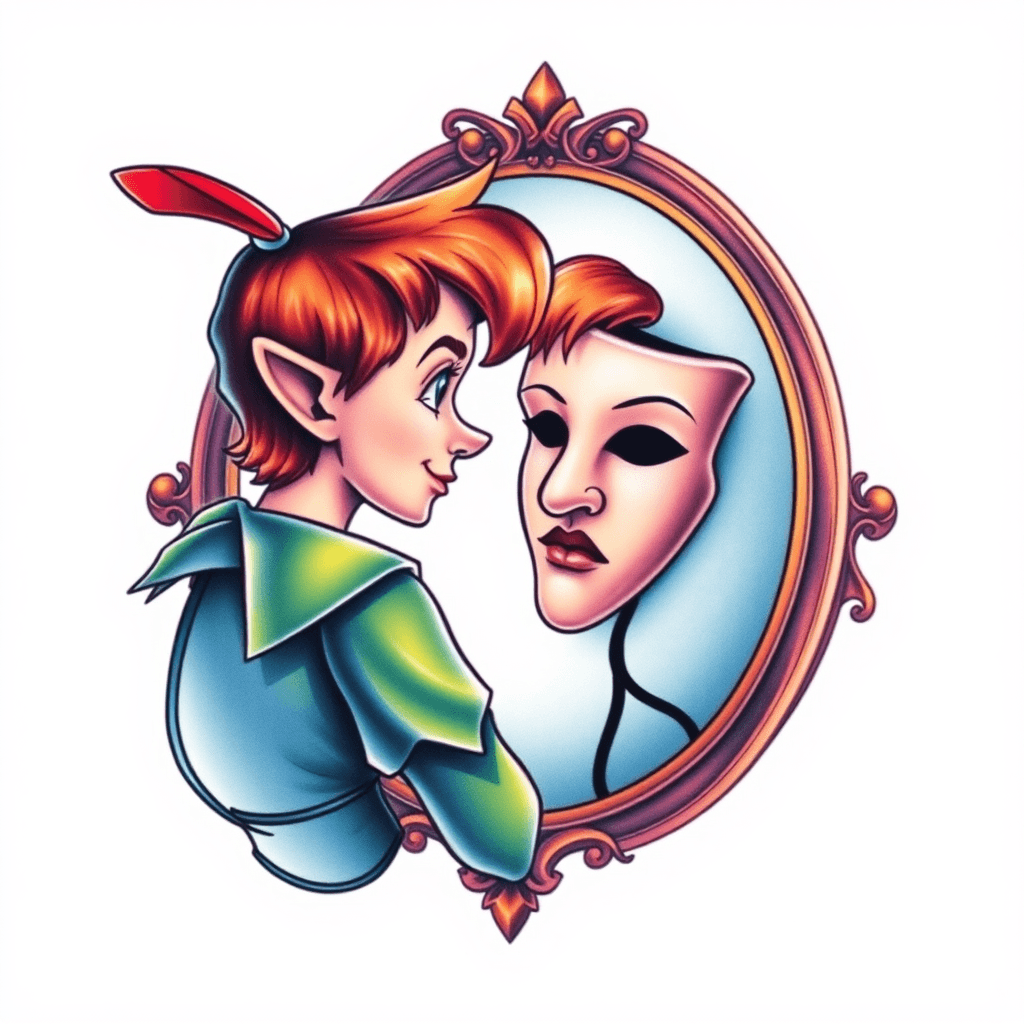 Peter Pan Looking In A Mirror And The Reflection Is A Theater Mask