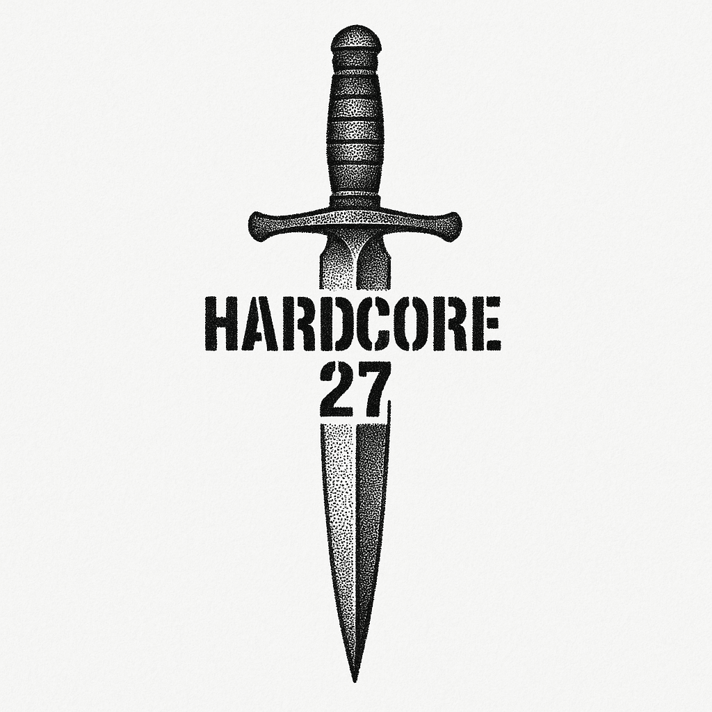 A Minimalist Black And White Dagger Tattoo Centered On The Chest, Featuring The Word 'hardcore' And The Number 27