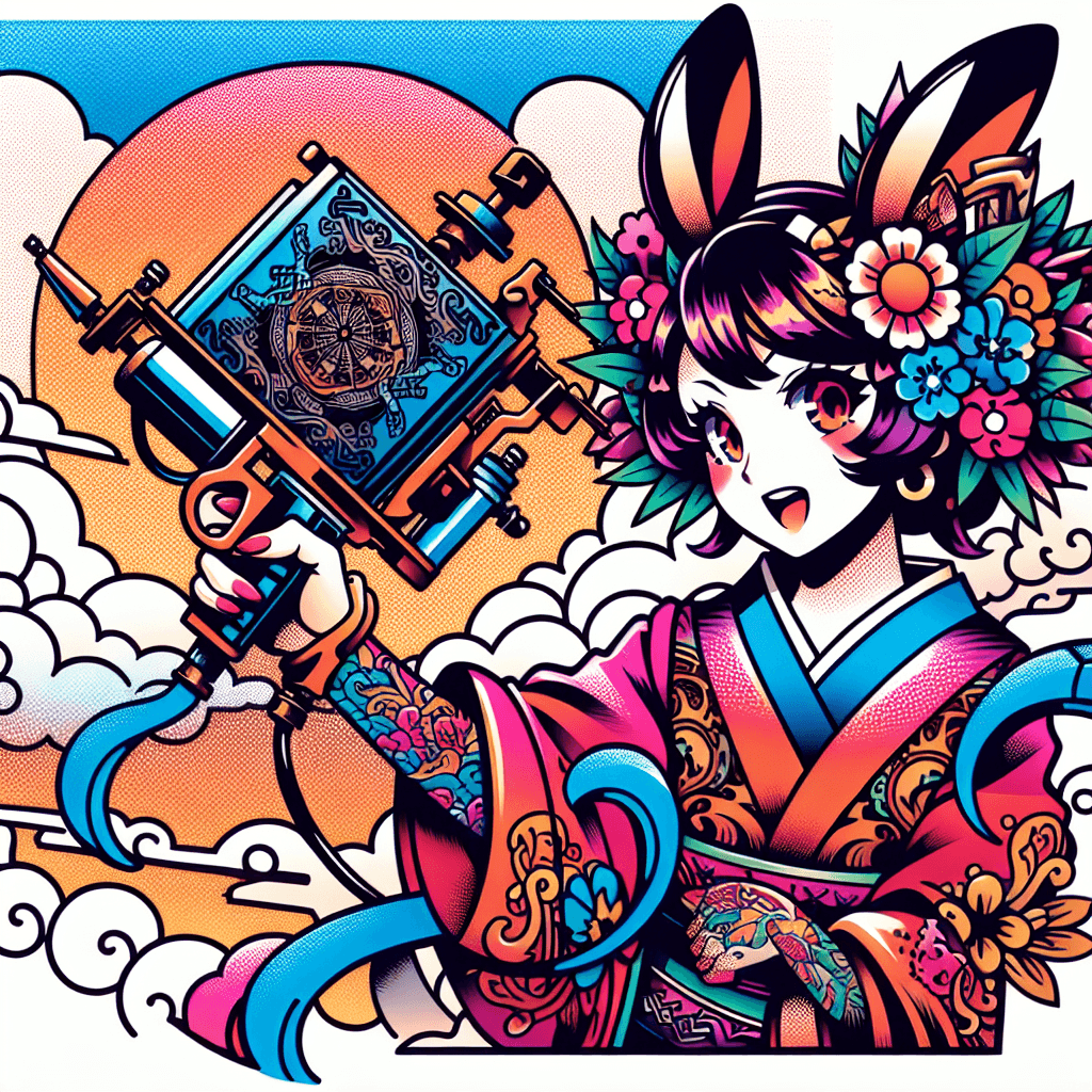 Traditional "anime girl with cloud hair and bunny ears holding a tattoo machine gun" Tattoo Design