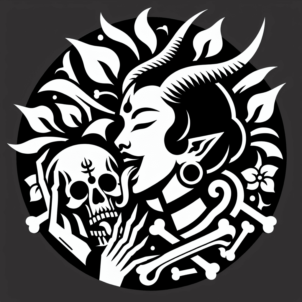 Beautiful Succubus With Long Horns, Licking A Skull Surrounded By Bones