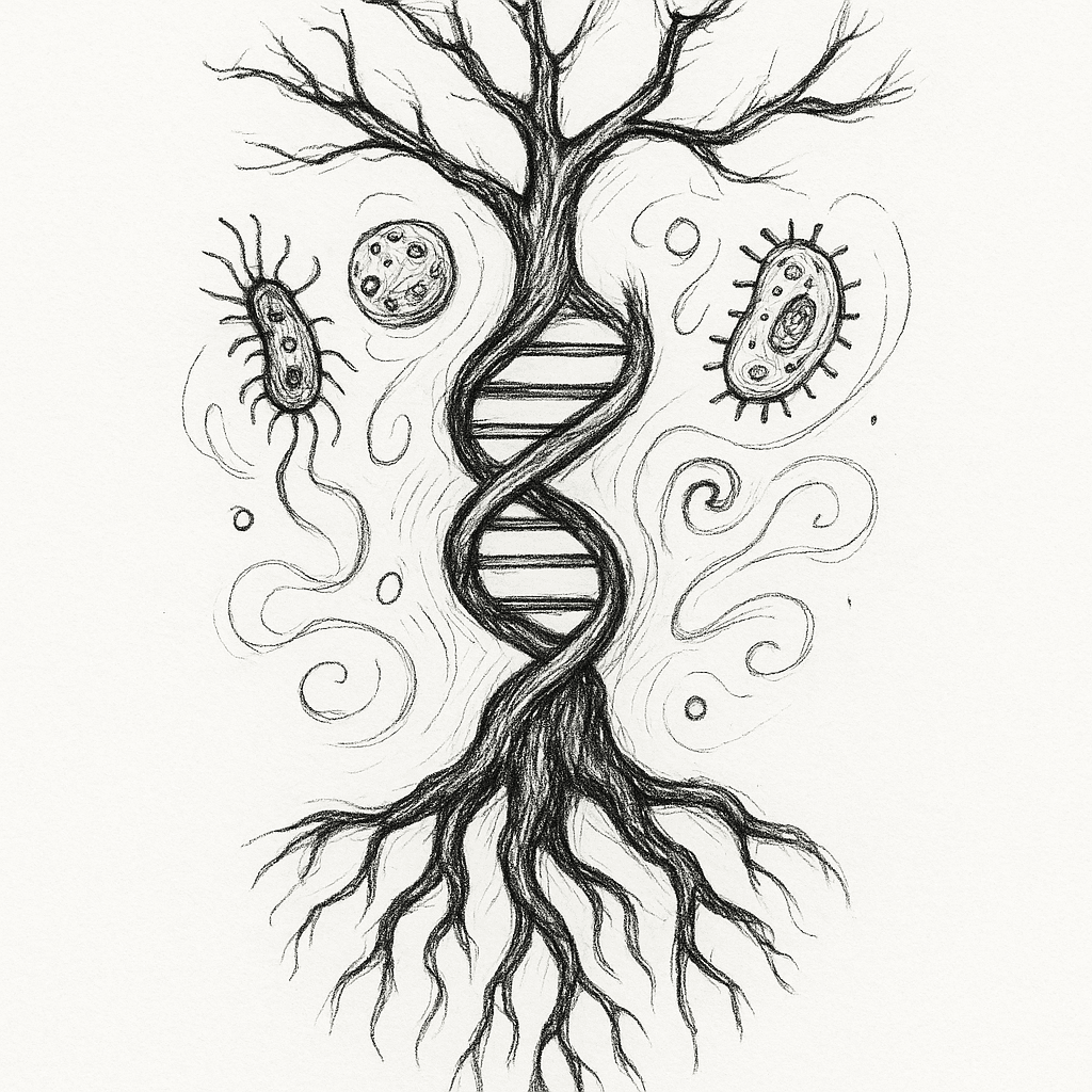 درخت تکامل داروین طرح تتو ریشه:
· رشتههای Dna در هم پیچیده
· اشکال باکتری و موجودات میکروسکوپی
· خطوط ارگانیک و سیال