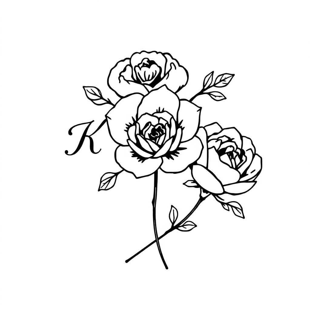 Sakura Flower With Cursive K Attached; Rose With Cursive J Attached; Peony With Cursive E Attached