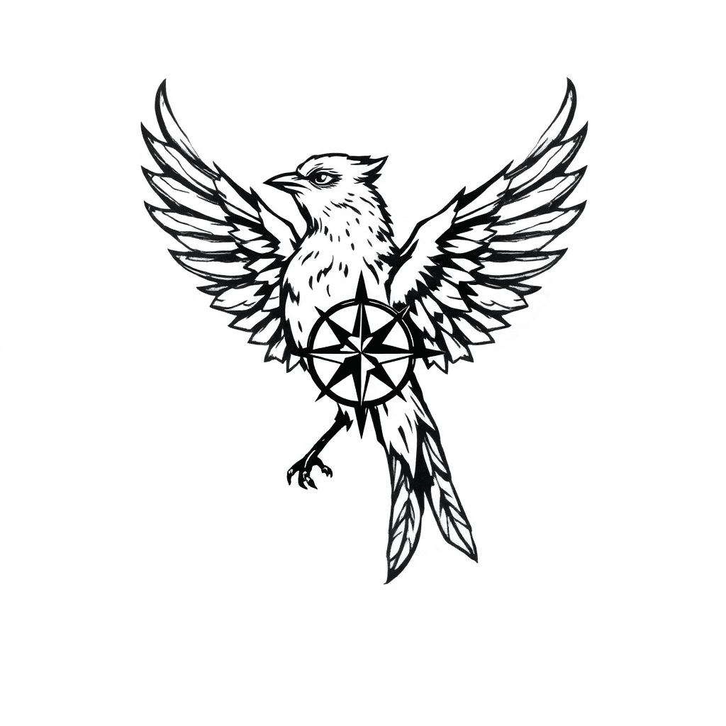 Frindly Phönix With Kompass And Feathers As Symbol Of Independence