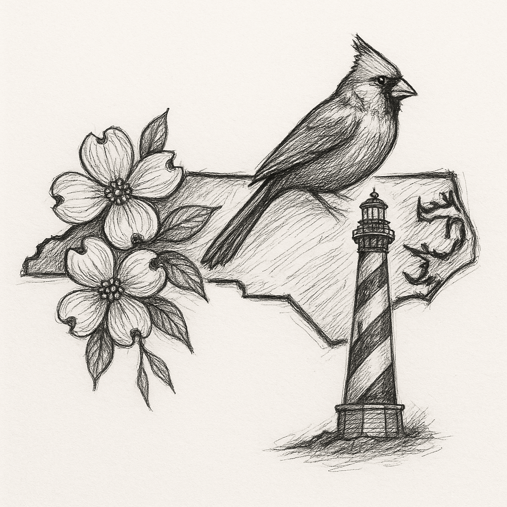 The State Of North Carolina With Dogwood Flowers And A Cardinal And A Lighthouse