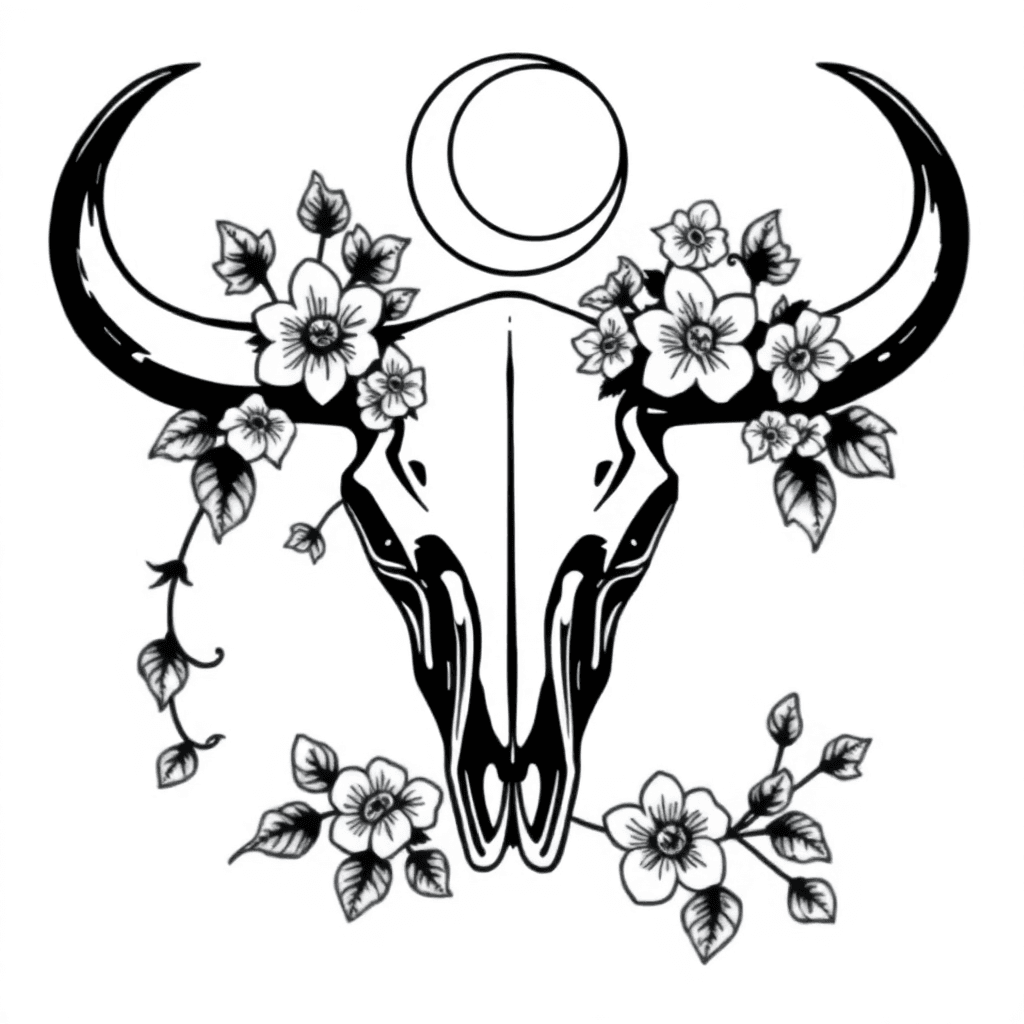 Vines And Flowers Going Through A Bull Skull With A Crescent Moon On Top