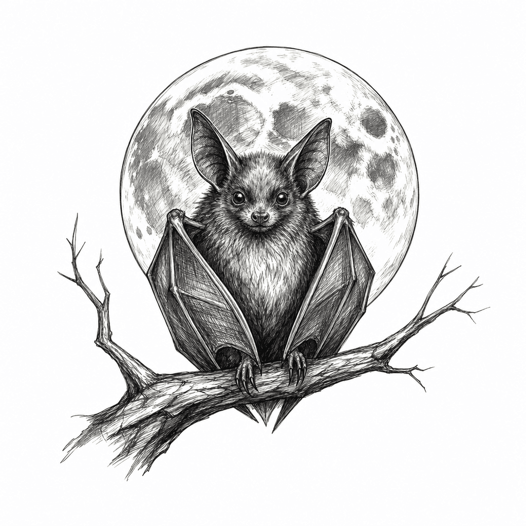 A Bat Sitting On A Branch In Front Of A Moon