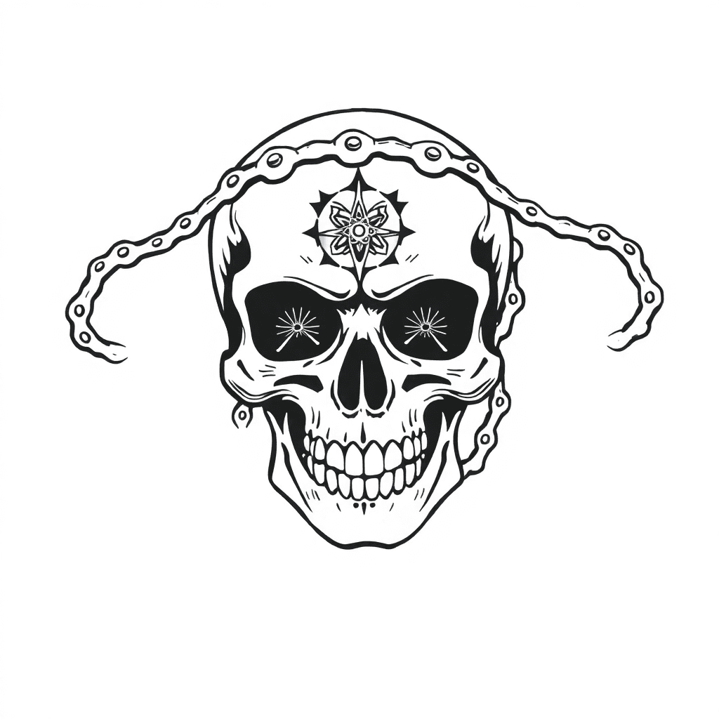 A Bike Chain In The Shape Of A Dia De Muertes Skull With The Eyes Of A Hub And Other Designs Inside The Skull Of Mountain Bike Theme