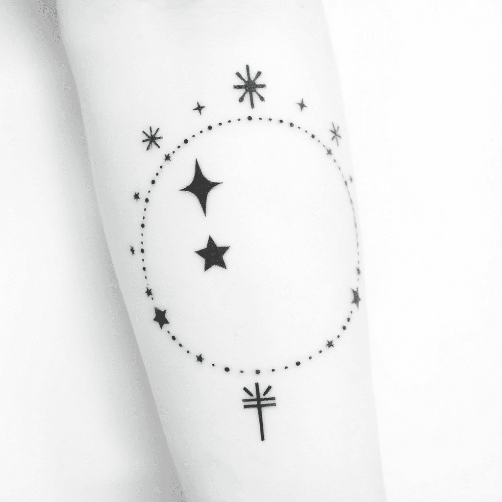 Zwei Sterne Am Firmament Mir Mond Im Hintergrund Umgeben Von Magischen Zeichen. Unterarm Tattoo