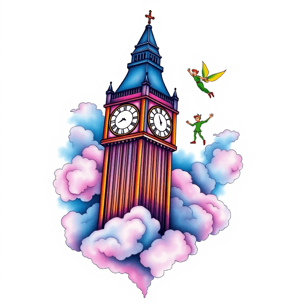 Clock Tower With Peter Pan Flying Surrounded By Clouds And Fog