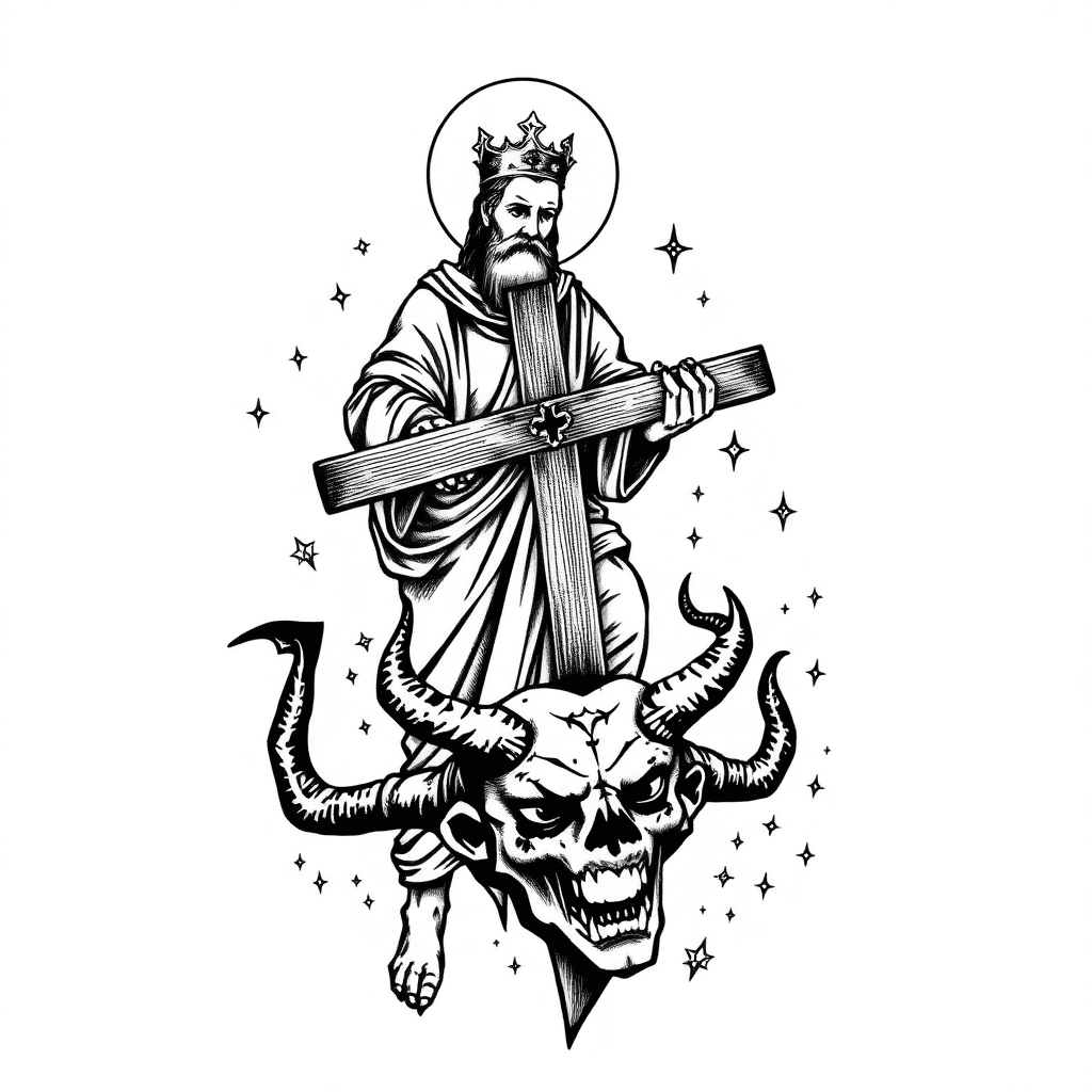 Make Me A Design Of Saint Peter Holding The Cross Into A Demon With His Feet On The Demons Head And In The Background Have Constellations, Geometric Shapes, And Different Stars, Shapes, Etc