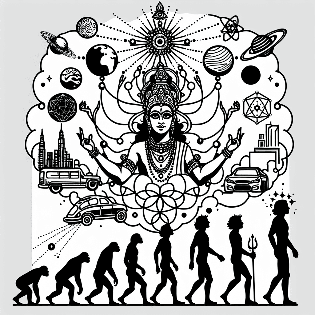 God Venkateshwara With Detailed Dreaming Creation; Top: Planets, Human Evolution To Modernity With Electronics Car, Skyscraper, Celestial Bodies, 7 Kundalini Chakras
