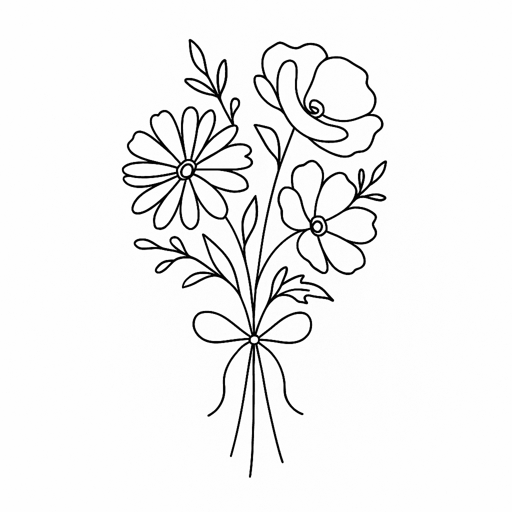 A Bouquet Of Aster, Poppy, And Cosmo Flower With Leaves And Vines Being Held Together By A Bow But Cute And Elegant Looking