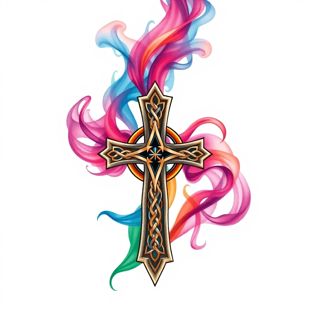 Forearm Tattoo Colored Smoke Turning Into Celtic Cross