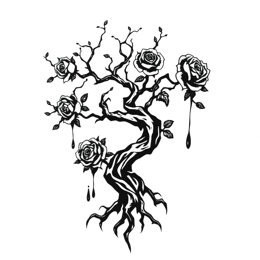 A Dark, Detailed Tree With Twisting Branches, Where The Roots Below Turn Into Sharp, Claw-like Structures. Hanging From The Branches Are Roses With Jagged Thorns, Dripping Ink-like Drops, Symbolizing