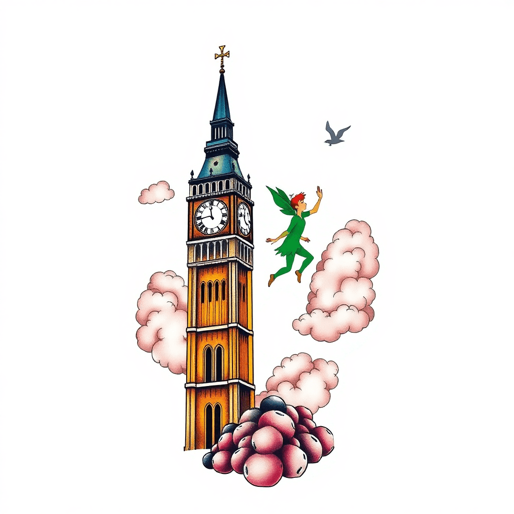 Clock Tower And Peter Pan With Clouds Surrounding