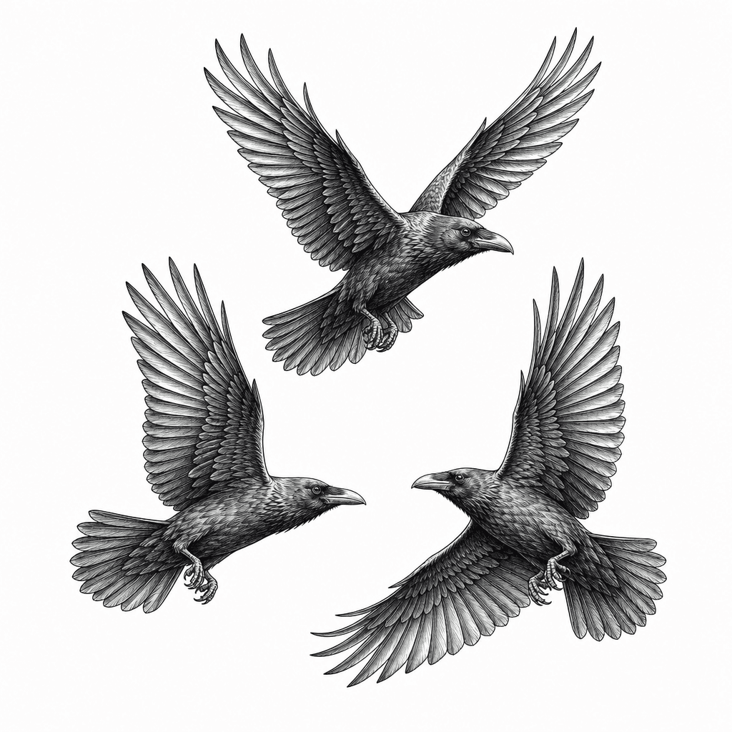 Three Ravens In Flight. Black And White, Fine-line Style
