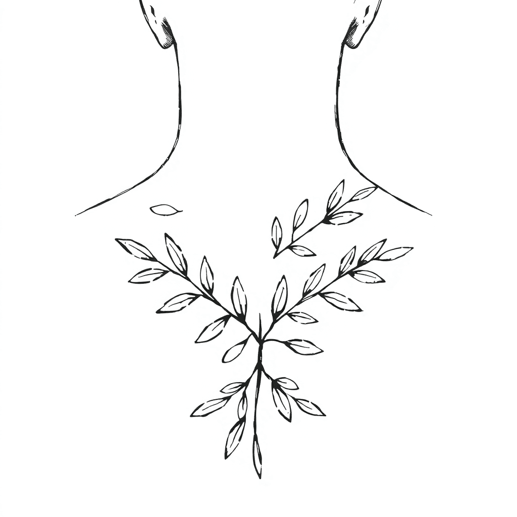 A Symmetrical Tattoo Design, Two Olive Branches, Detailed Leaves. Branches Are Curved And Placed On The Back Of The Neck, Extending From The Back And Over The Neck Towards Chest.