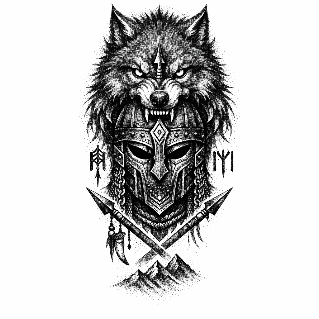 A Dark And Powerful Tattoo Design Of A Medieval Kipchak Warrior Mask Combined With The Spirit Of Gökbörü, The Mythical Gray Wolf. The Mask Should Have Ancient Turkic Steppe Details, Sharp Intimidating