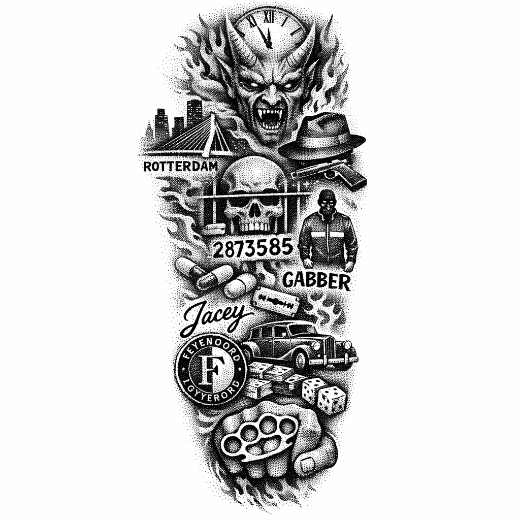 Arm Sleeve Begint Op De Bovenkant Van De Rechterhand Tot In De Nek ,deze Elementen.skulls ,demons,schaduwen,speed,fire,tijd,jail,"2873585",gabber,drugs,"jacey", Rotterdam,feyenoord,maffia