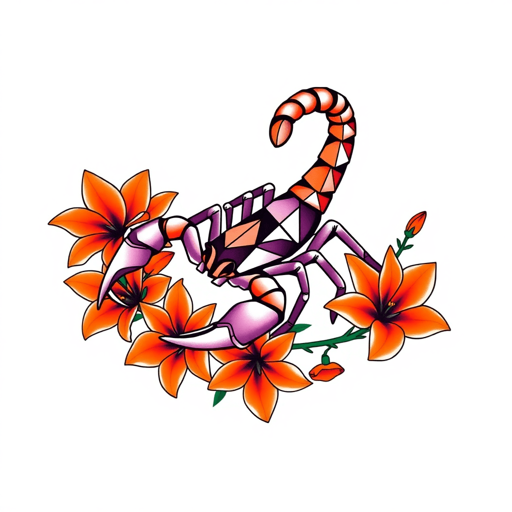 Image Of A Scorpion On Bed Of Orange Tiger Lilies With The Tail Wrapped/intertwined In Vines Of Flower