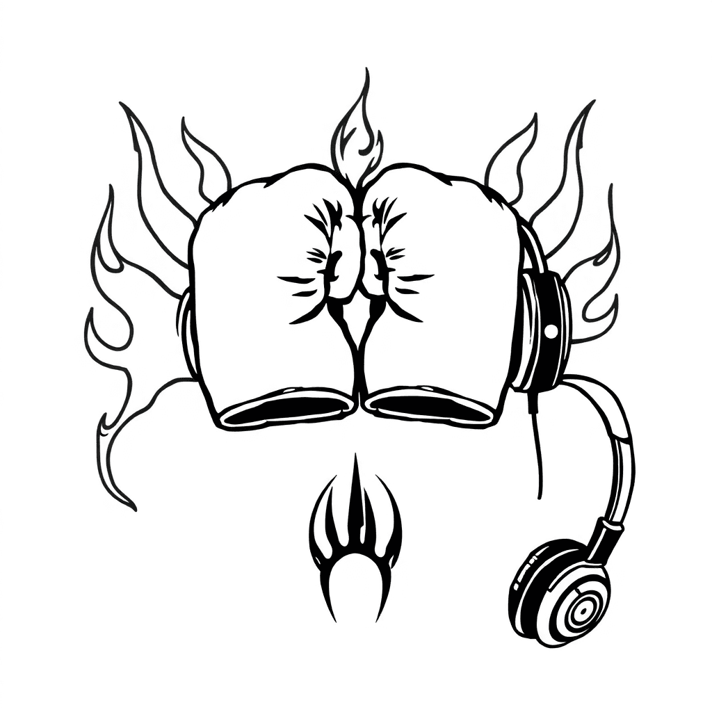 A Pair Of Boxing Gloves, Flames, A Claw Mark, And Headphones
