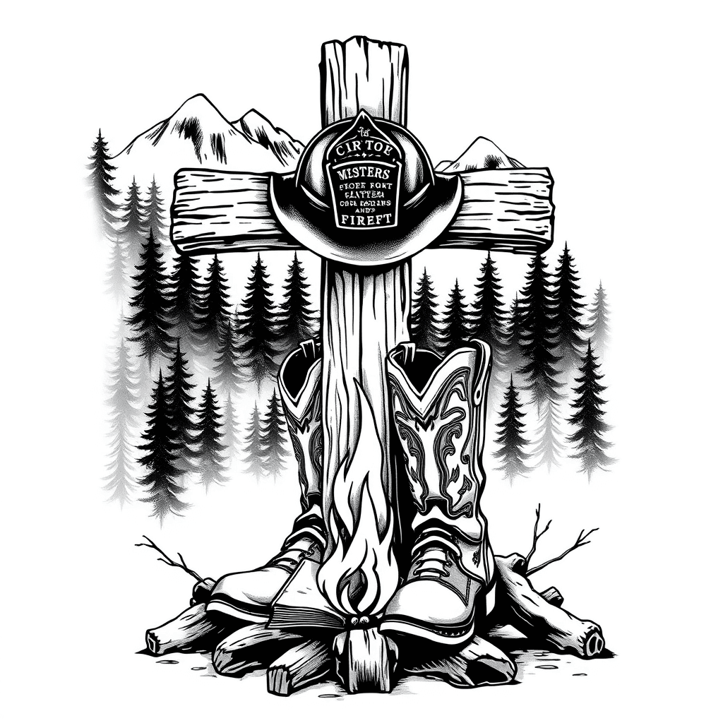 An Old Rugged Cross In The Background With A Fire Chief’s Helmet And A Pair Of Cowboy Boots With A Bible A Campfire In Wooded Mountains