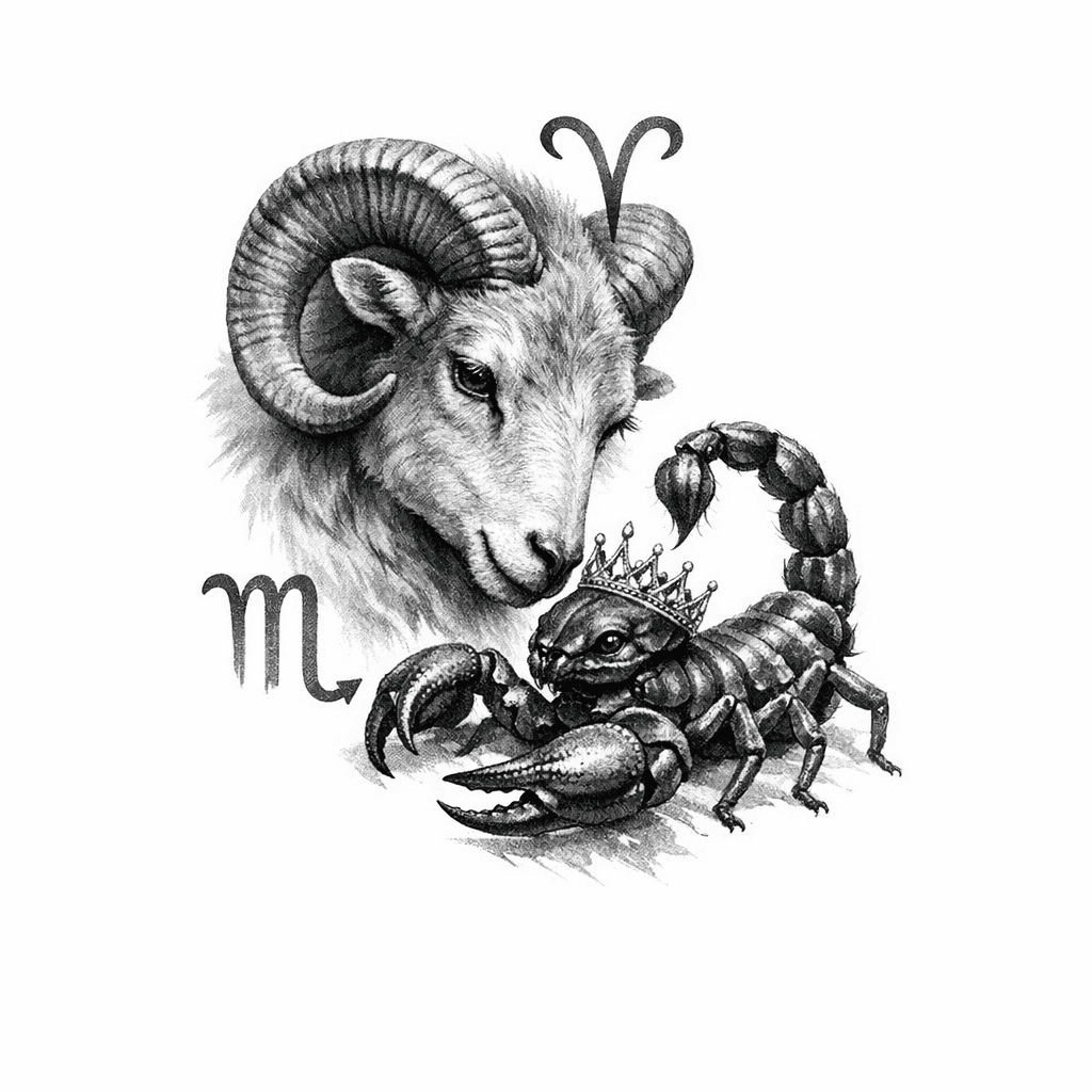 Un Tatuaje Del Signo Aries Enlazado Con El Signo Escorpión Pero El Escorpión Lleva Una Corona De Princesa. Aries Es La Mamá Y Escorpión La Hija