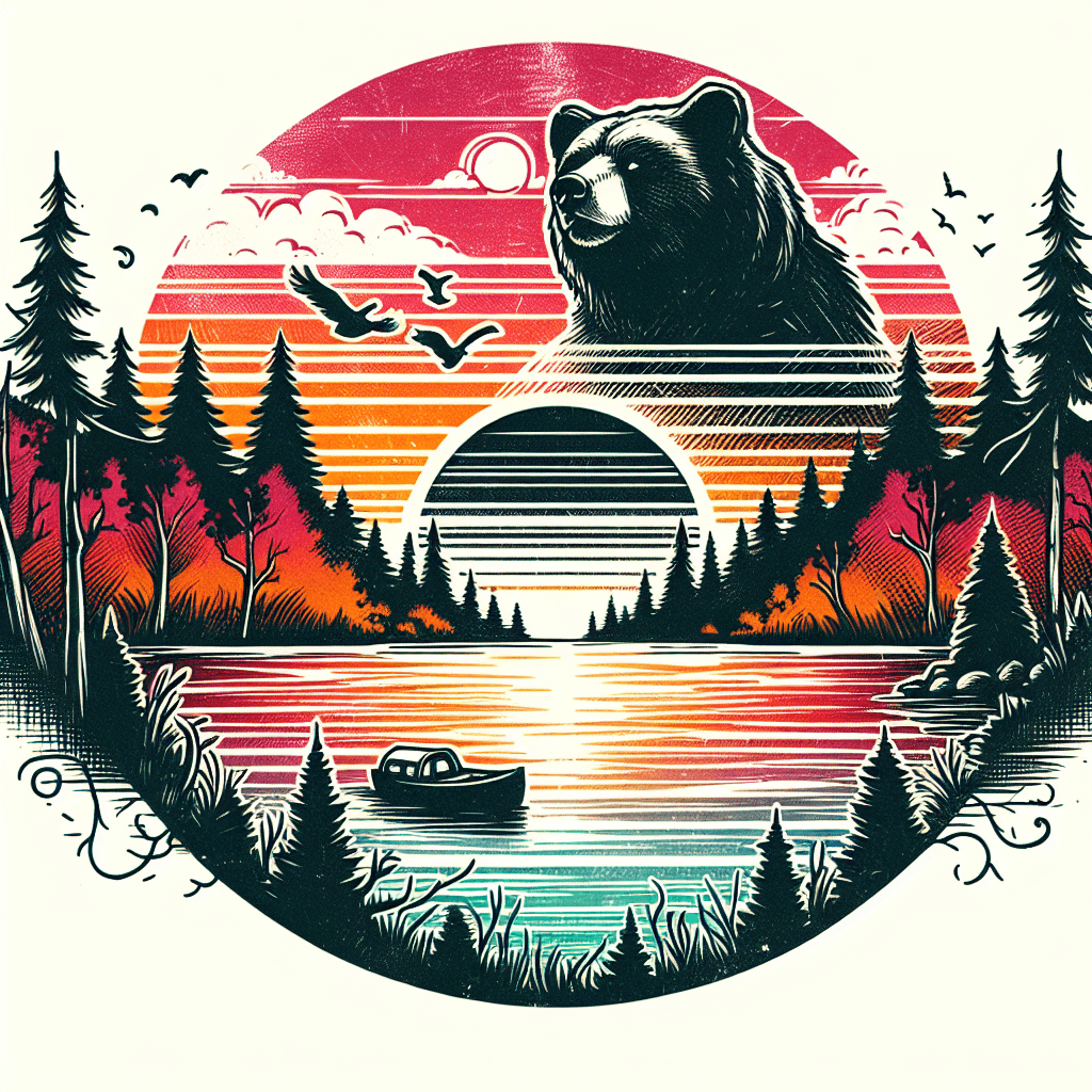 Realistic Sunset, Forestry, Lake Landscape With A Boat On The Water And A Cartoon Bear