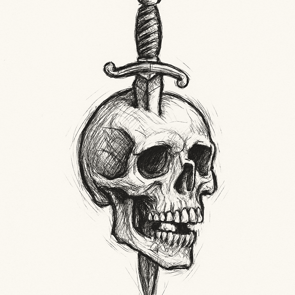 A Black And White Tattoo-style Illustration Featuring A Detailed Human Skull Impaled By A Large, Ornate Dagger. The Dagger Enters Through The Top Of The Skull And Exits Through The Jaw.