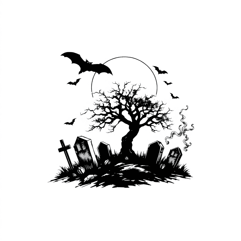 Graveyard With Tree, Bats , Moon, And Smoke