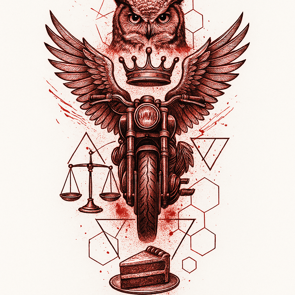 Motorbike With Wings, Crown, Cake, Scales, Owl. Lines, Triangles, Hexagons. Black And Red Colors Tattoo