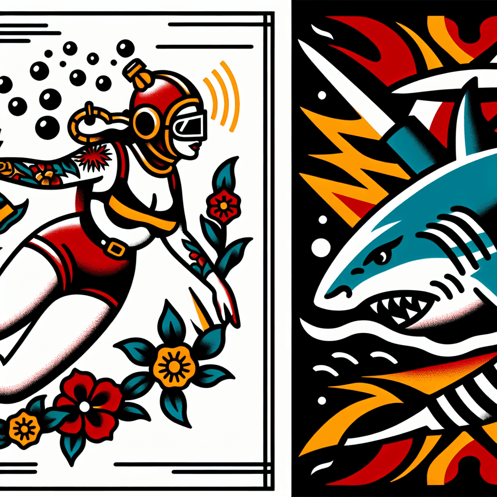 Traditional "woman in bikini with diver's helmet, spotting a giant shark" Tattoo Design
